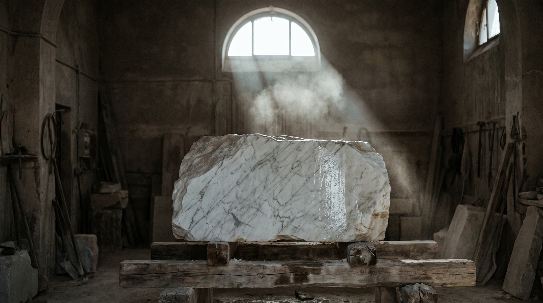 Il blocco appena arrivato dalla cava, ancora intatto, nella luce del mattino.
