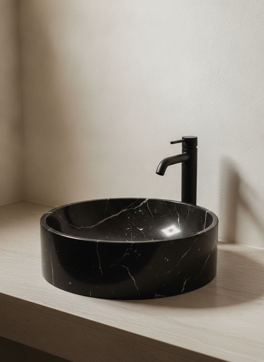 Lavabo d'appoggio Pozzo in marmo Nero Marquina