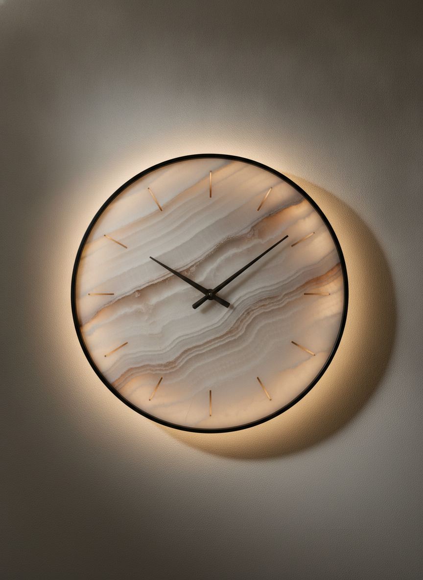 Orologio da parete Chiarore in onice bianco retroilluminabile