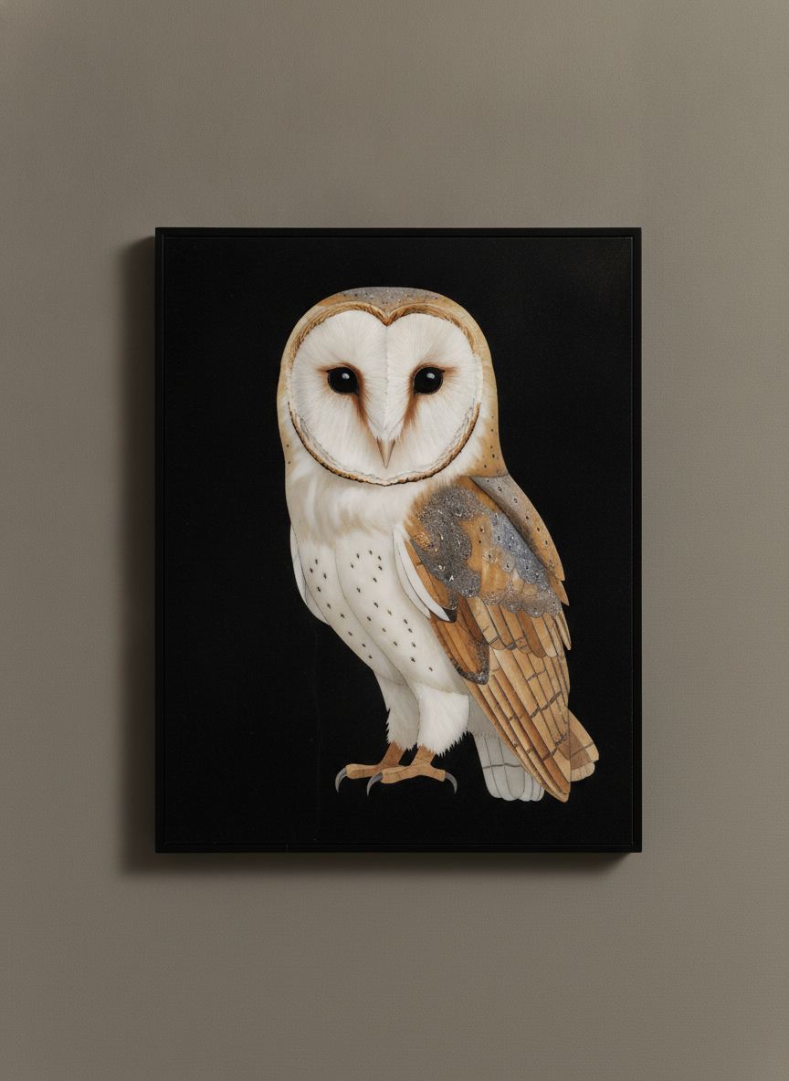 Quadro in Intarsio Barbagianni di Fienile in marmi assortiti