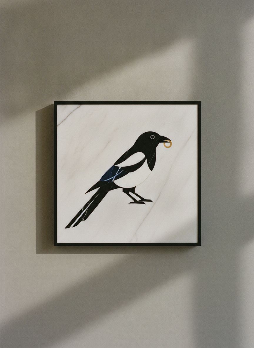 Quadro in Intarsio Gazza e Anello in marmi assortiti