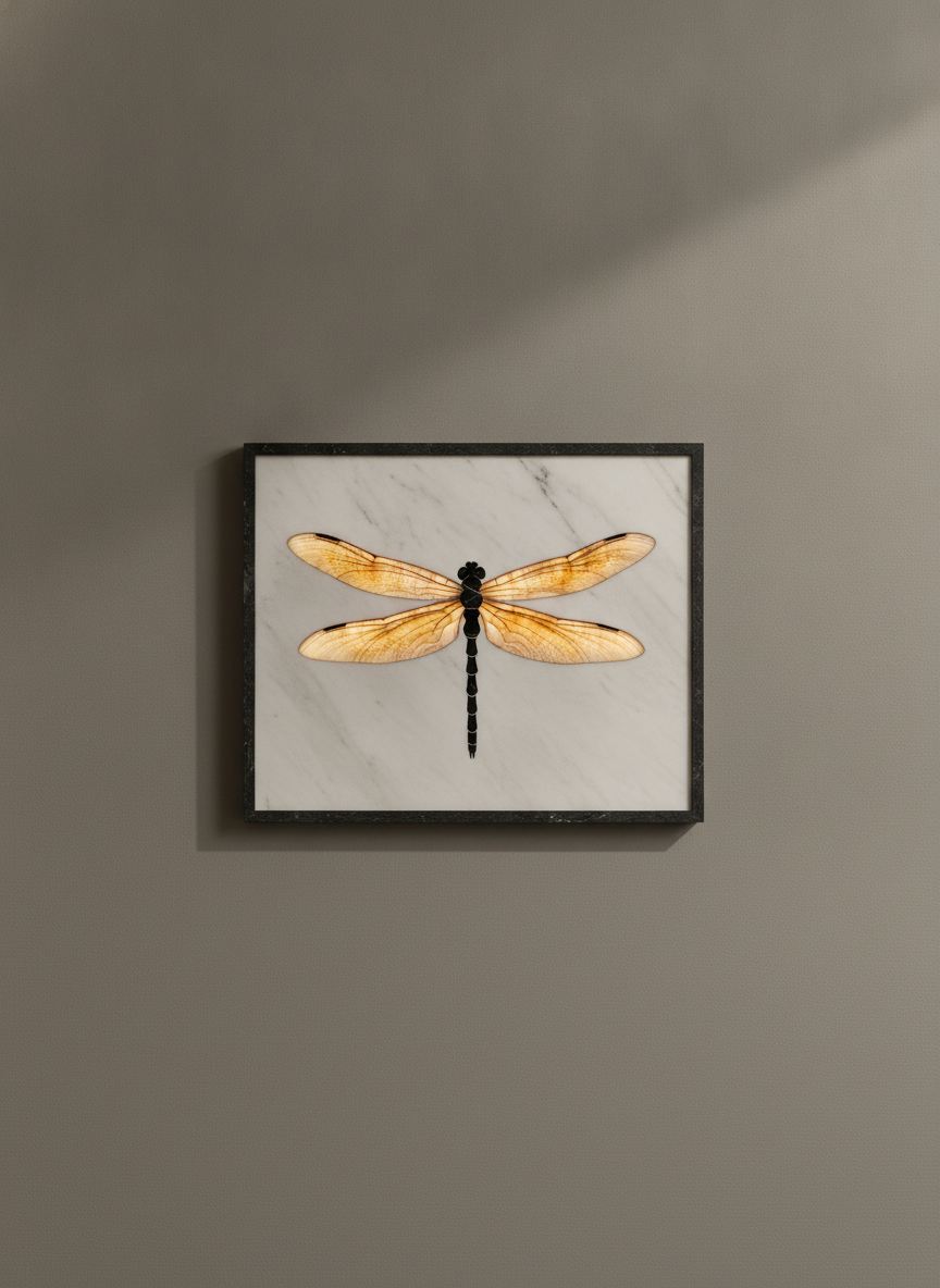 Quadro in Intarsio Libellula di Giugno in onice e marmi assortiti