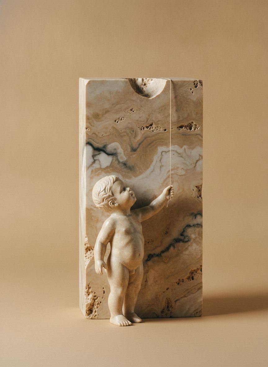 Scultura Bambino e Aquilone in travertino