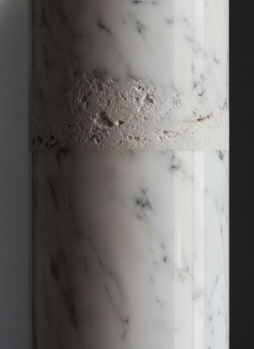 Scultura monumentale Colonna del Tempo in marmo bianco di Carrara, dettaglio