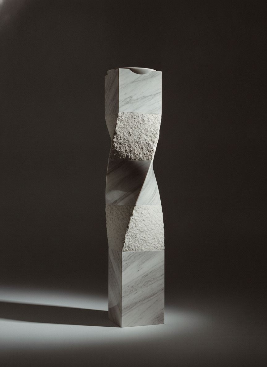 Scultura monumentale Colonna del Tempo in marmo bianco di Carrara